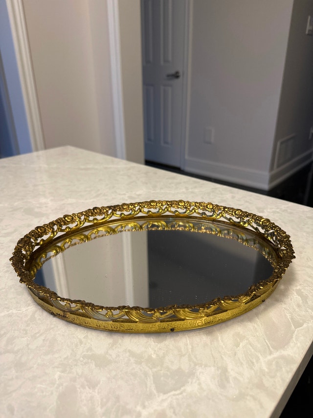 Vintage Oval Vanity Mirror Tray - 24K Gold Plated Rim