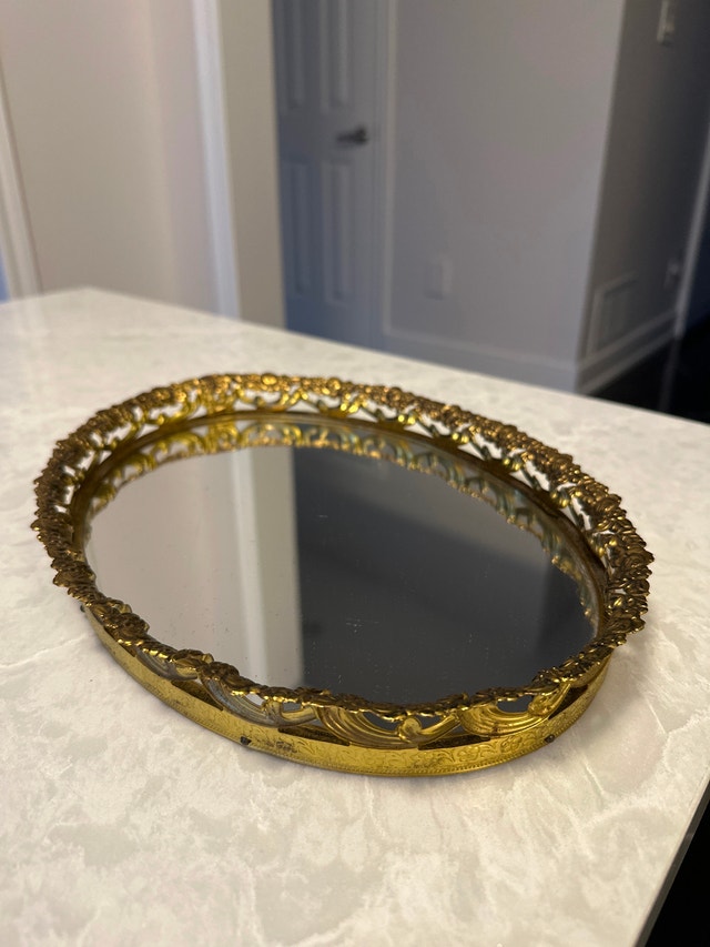 Vintage Oval Vanity Mirror Tray - 24K Gold Plated Rim - photo 2