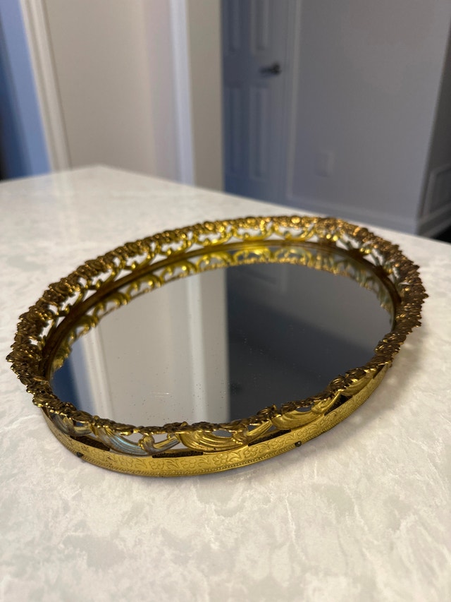 Vintage Oval Vanity Mirror Tray - 24K Gold Plated Rim - photo 3