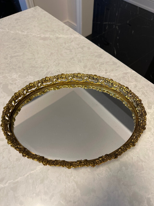 Vintage Oval Vanity Mirror Tray - 24K Gold Plated Rim - photo 4