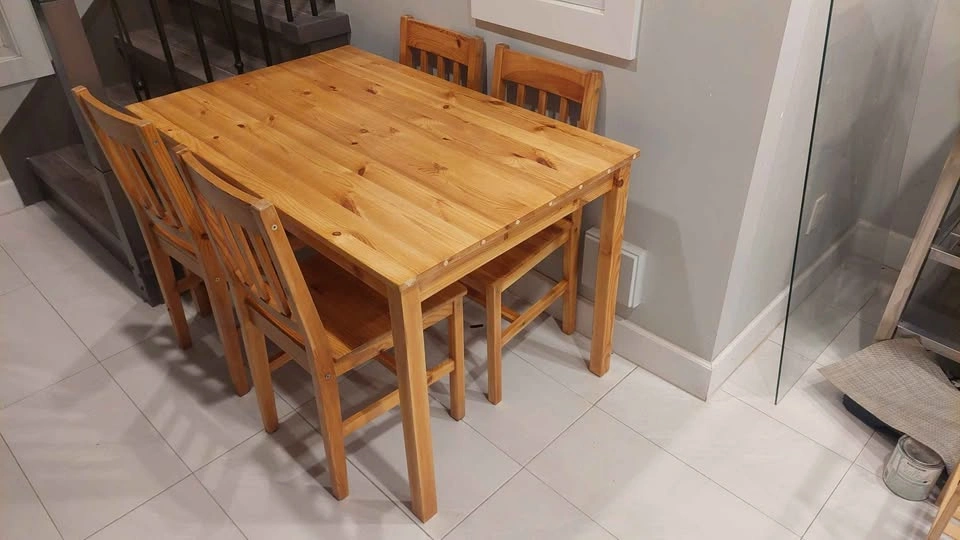 Wood dining table with glass top and 4 chairs