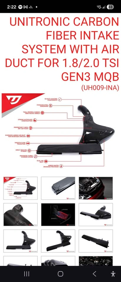 Unitronic Carbon Fiber Intake System for 1.8/2.0 TSI Gen3 MQB - photo 2