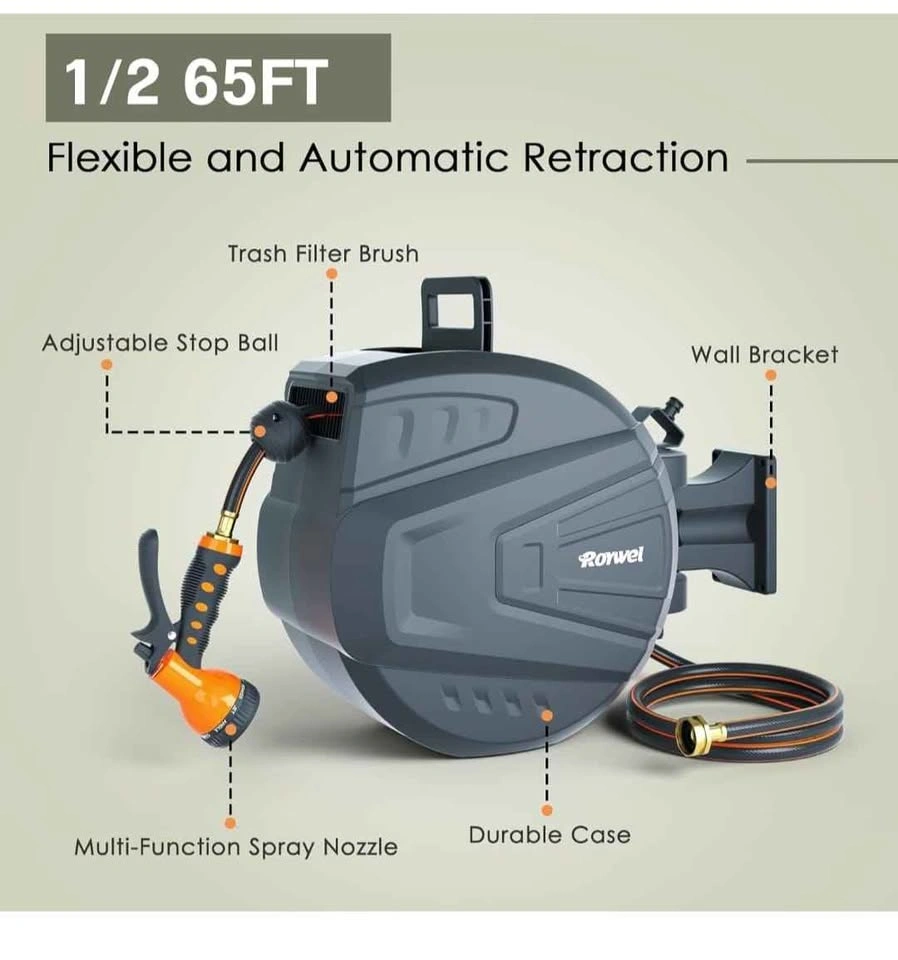 Retractable Garden Hose Reel - 65ft, 1/2 inch, Wall Mount, 9-Way - photo 5