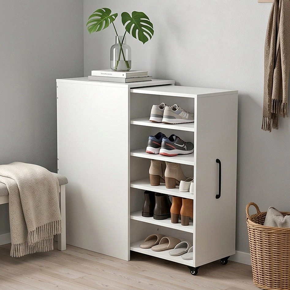 Slim Entryway Shoe Cabinet w/ Sliding Panels - White