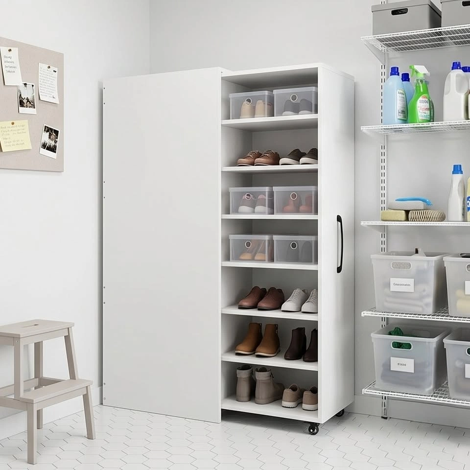 Slim Entryway Shoe Cabinet w/ Sliding Panels - White - photo 2