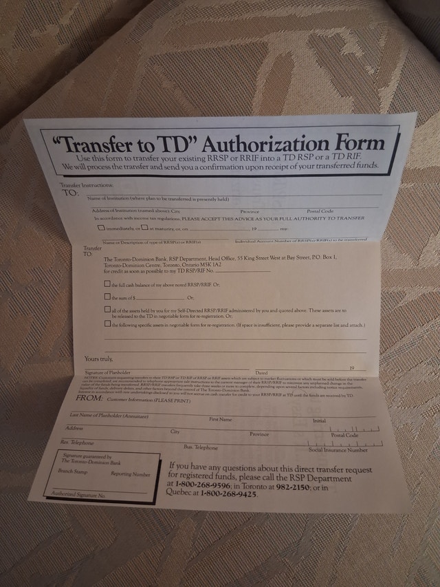 Late 1980's TD Bank RRSP/RRIF Transfer Authorization Form - photo 2