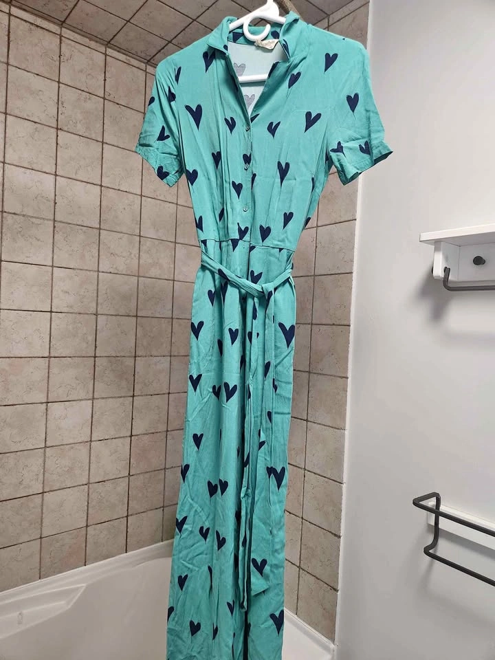 Sugarhill aqua jumpsuit with navy hearts