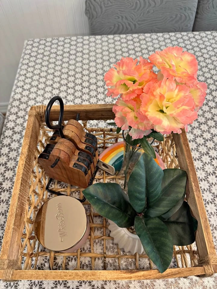 Home Decor Bundle with Woven Basket, Coasters, Candle, Faux Plan