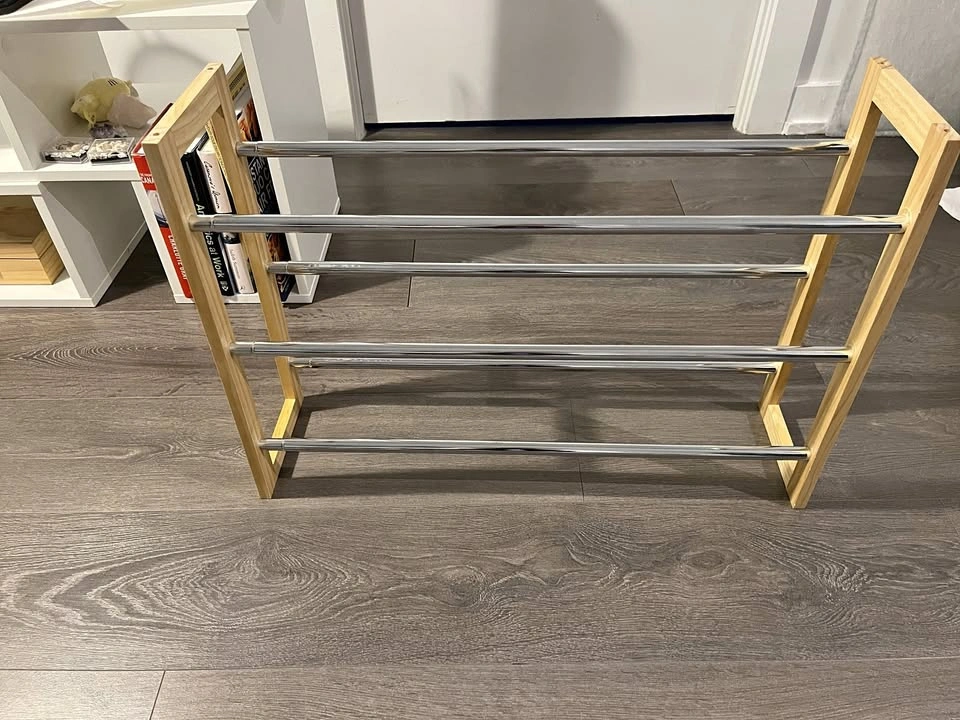 3-Tier Extendable Pine Wood & Metal Shoe Rack
