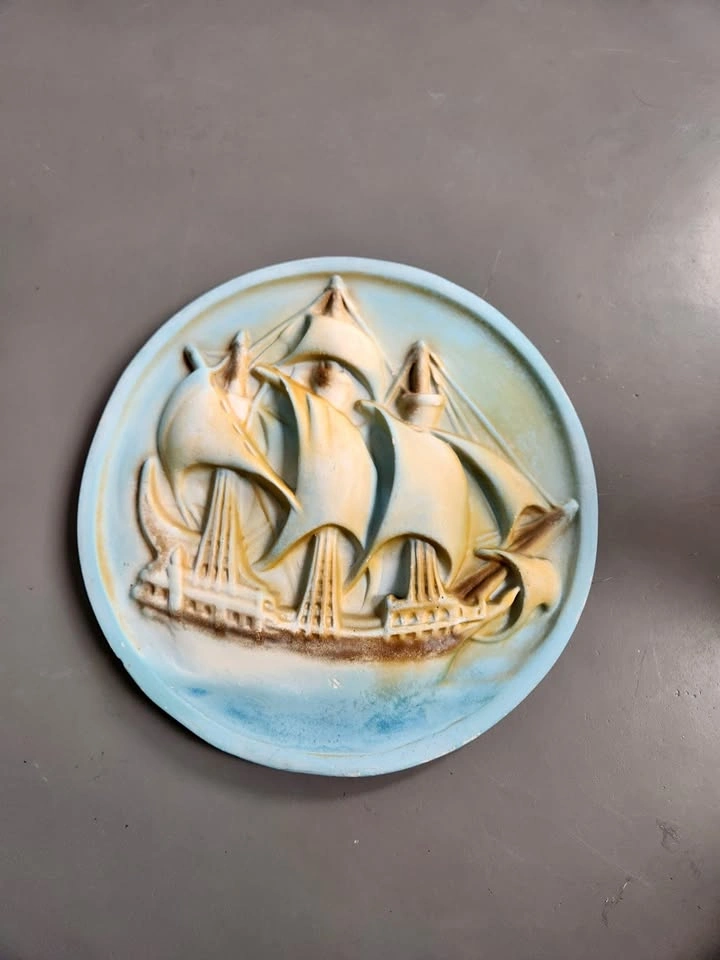 Early Mid-Century Chalkware Plaque, Sail Boat / Nautical Motif