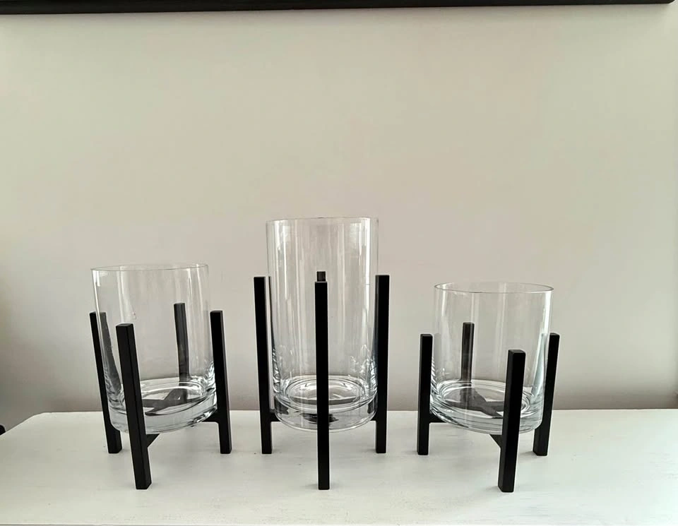 Glass Hurricanes with Iron Bases, Set of 3