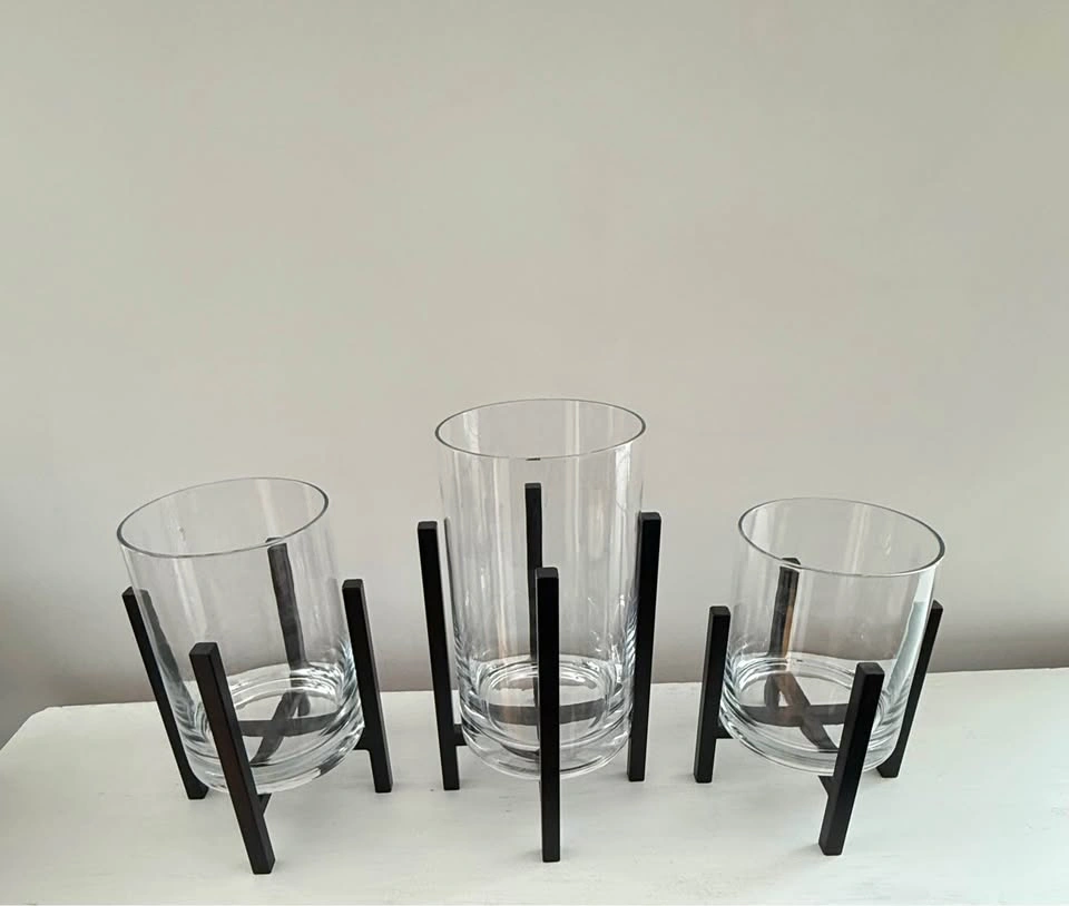Glass Hurricanes with Iron Bases, Set of 3 - photo 2