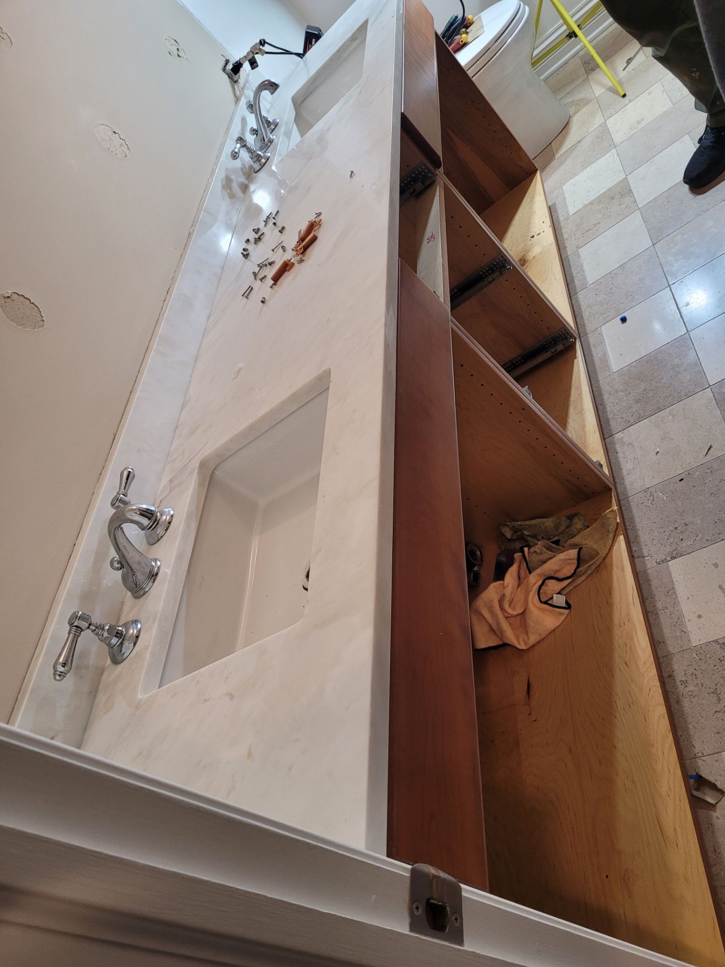 White Granite Sink Countertop and Cabinets