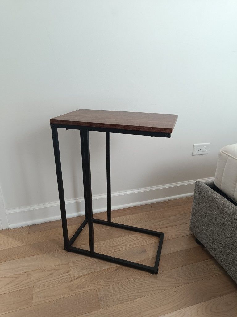C-Shaped Industrial Side Table Wood and Metal