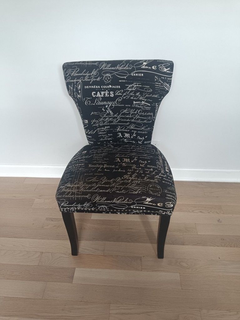 Upholstered Script Print Accent Chair with Nailhead Trim
