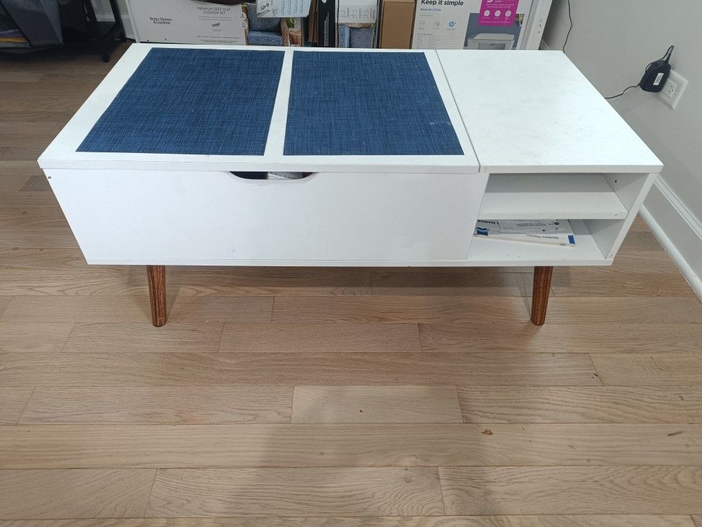 White Lift-Top Coffee Table with Storage and Side Shelves - photo 2