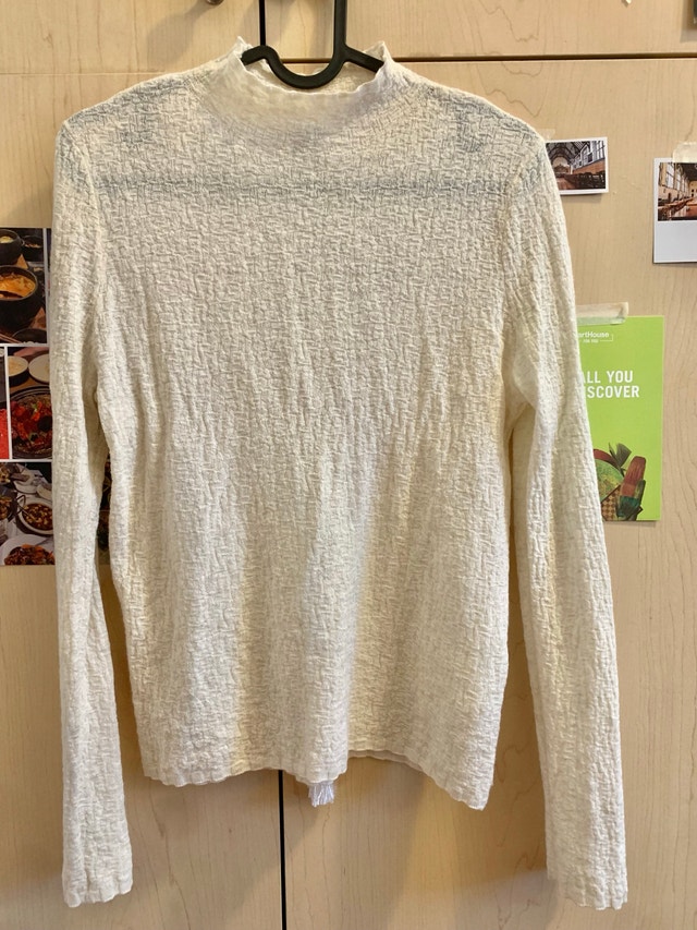 Women’s Textured Crinkle Mock Neck Top - Elegant Ivory White