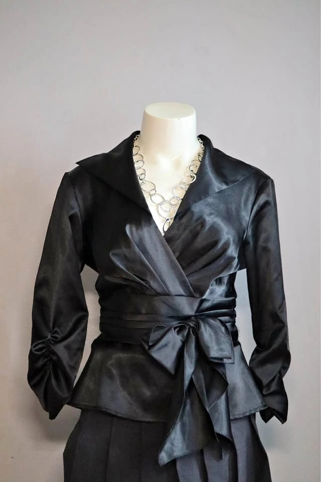 Black Satin Wrap Peplum Blouse