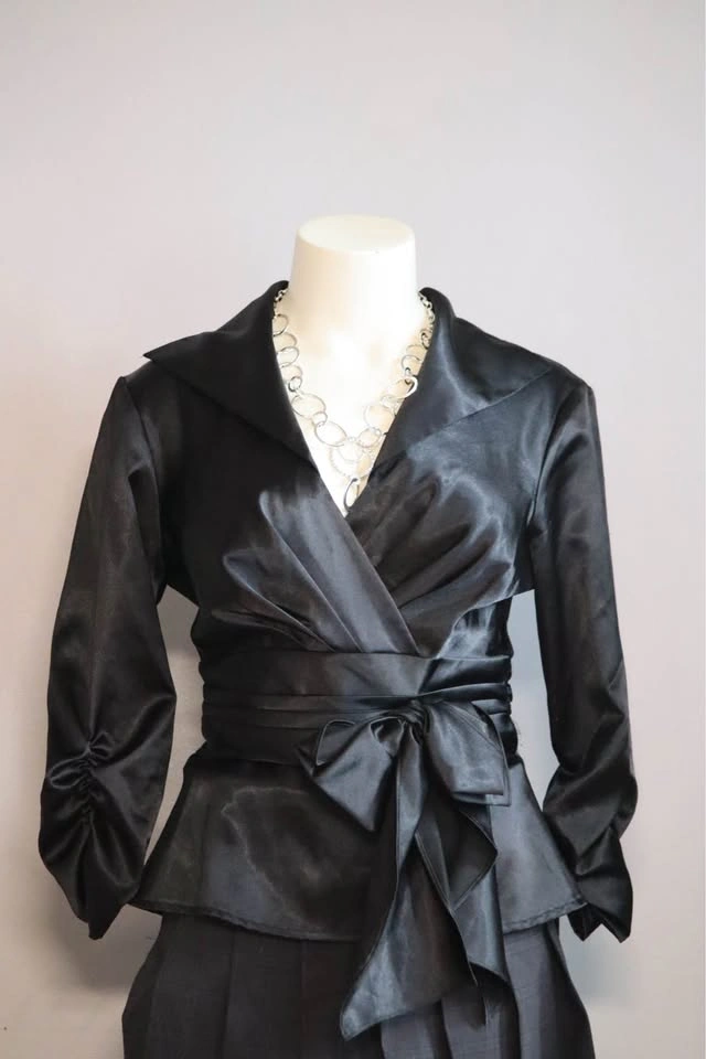 Black Satin Wrap Peplum Blouse - photo 2