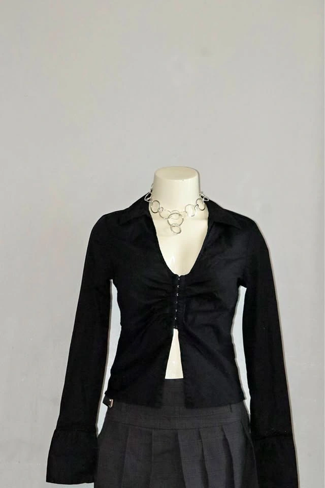 Garage Black Long Sleeve Hook and Eye Collared Top