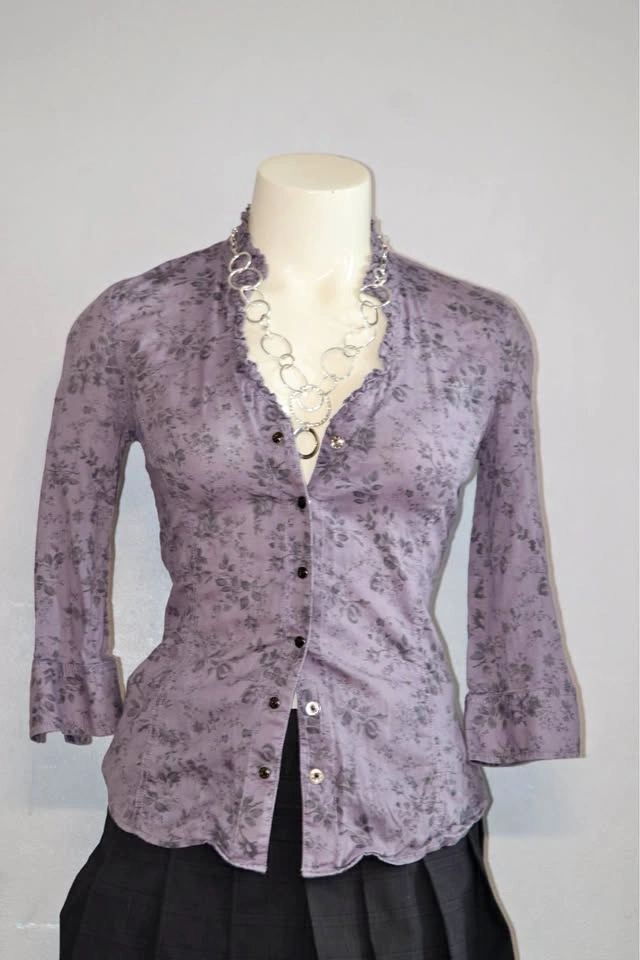 Guess Purple Floral Ruffle Trim Button Down Blouse
