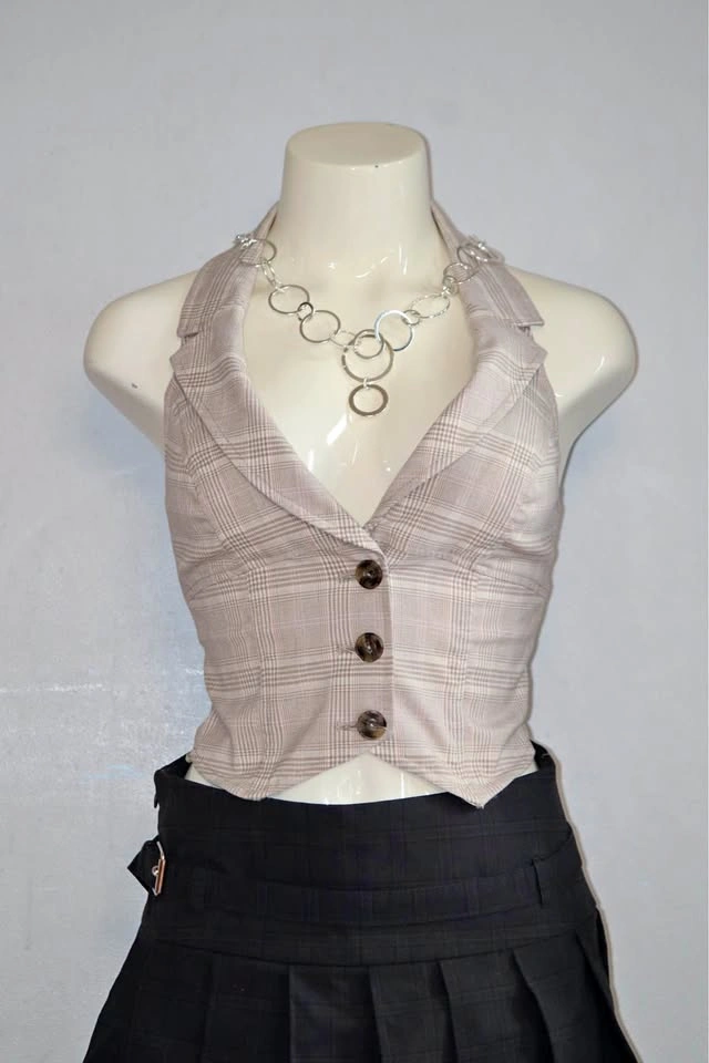 Guess Plaid Halter Neck Button Down Vest Top