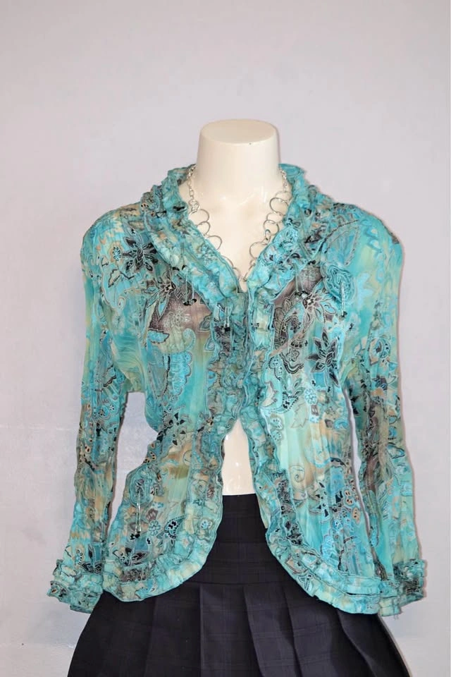Teal Paisley Ruffle Front Blouse