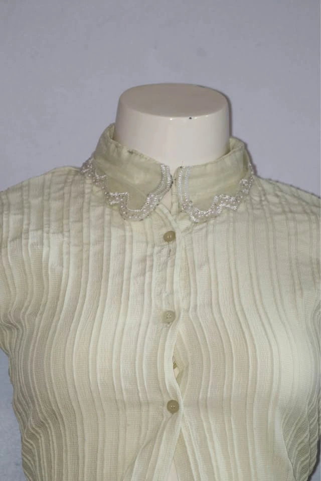 Light Green Pleated Beaded Collar Blouse - photo 2
