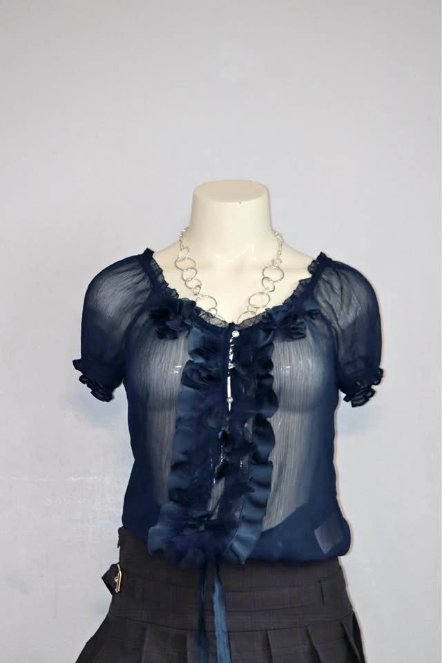 Navy Blue Sheer Ruffled Short Sleeve Blouse