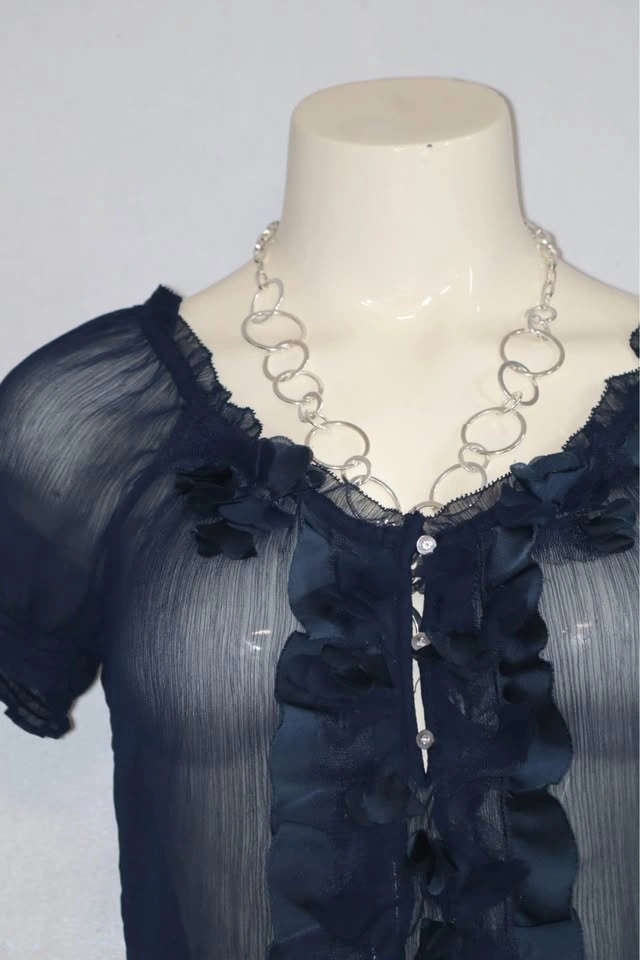 Navy Blue Sheer Ruffled Short Sleeve Blouse - photo 2