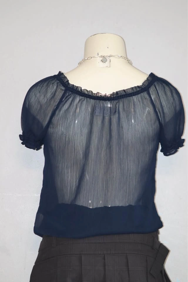 Navy Blue Sheer Ruffled Short Sleeve Blouse - photo 3