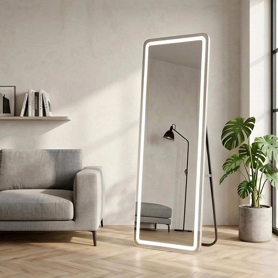 Standing LED Floor Mirror with 3 Light Settings - $160