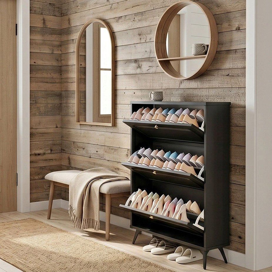 Black Space-Saving Shoe Cabinet - Triple Flip Storage