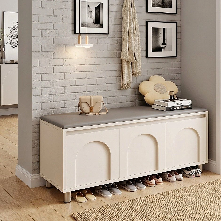 Modern Cream Entryway Shoe Cabinet w/ Seating Stool - From $65