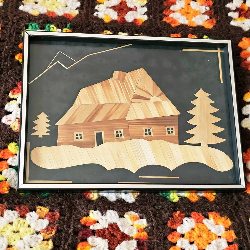 Vintage Polish Straw Wall Art Forest Cabin MCM Framed 60s 70s