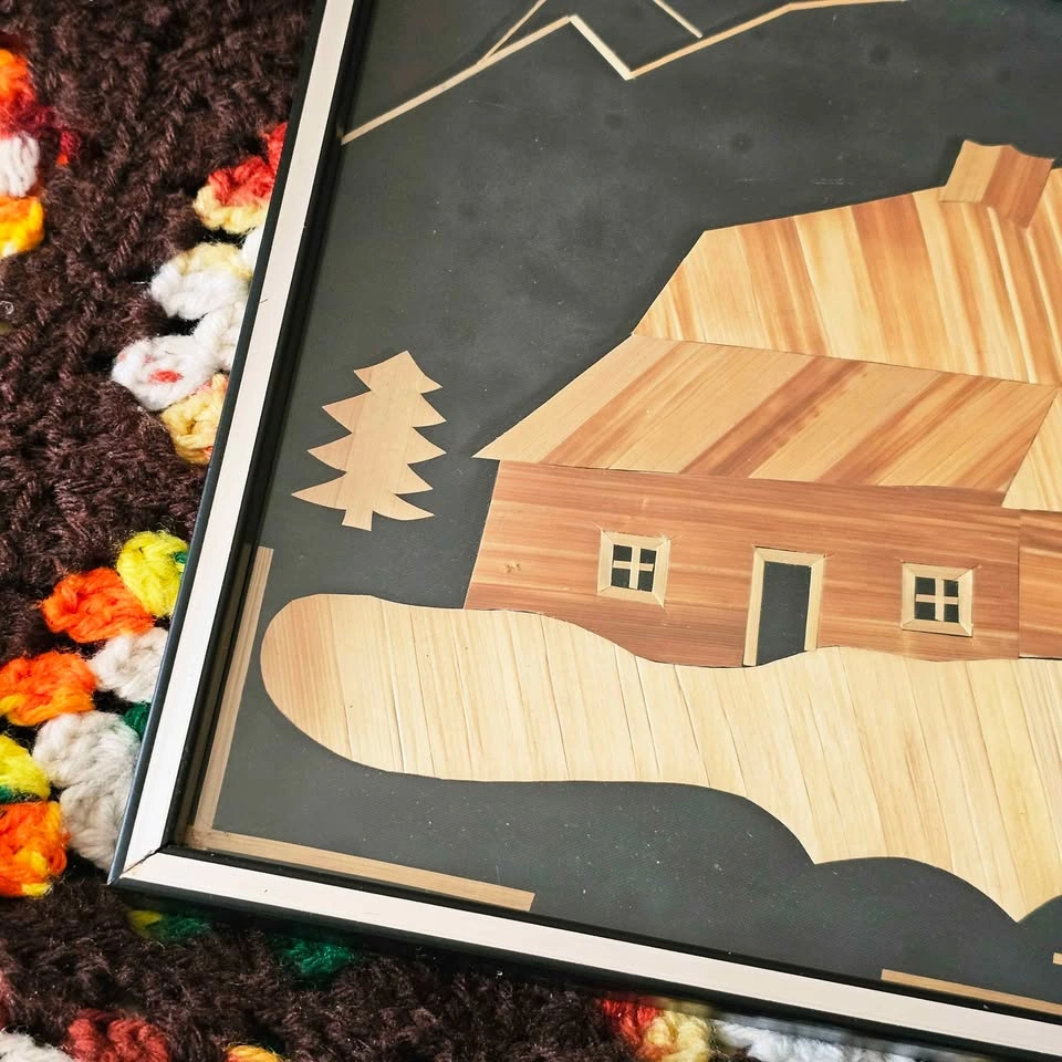 Vintage Polish Straw Wall Art Forest Cabin MCM Framed 60s 70s - photo 2