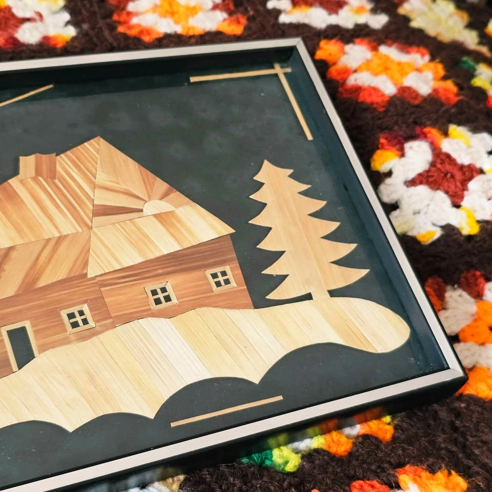Vintage Polish Straw Wall Art Forest Cabin MCM Framed 60s 70s - photo 3