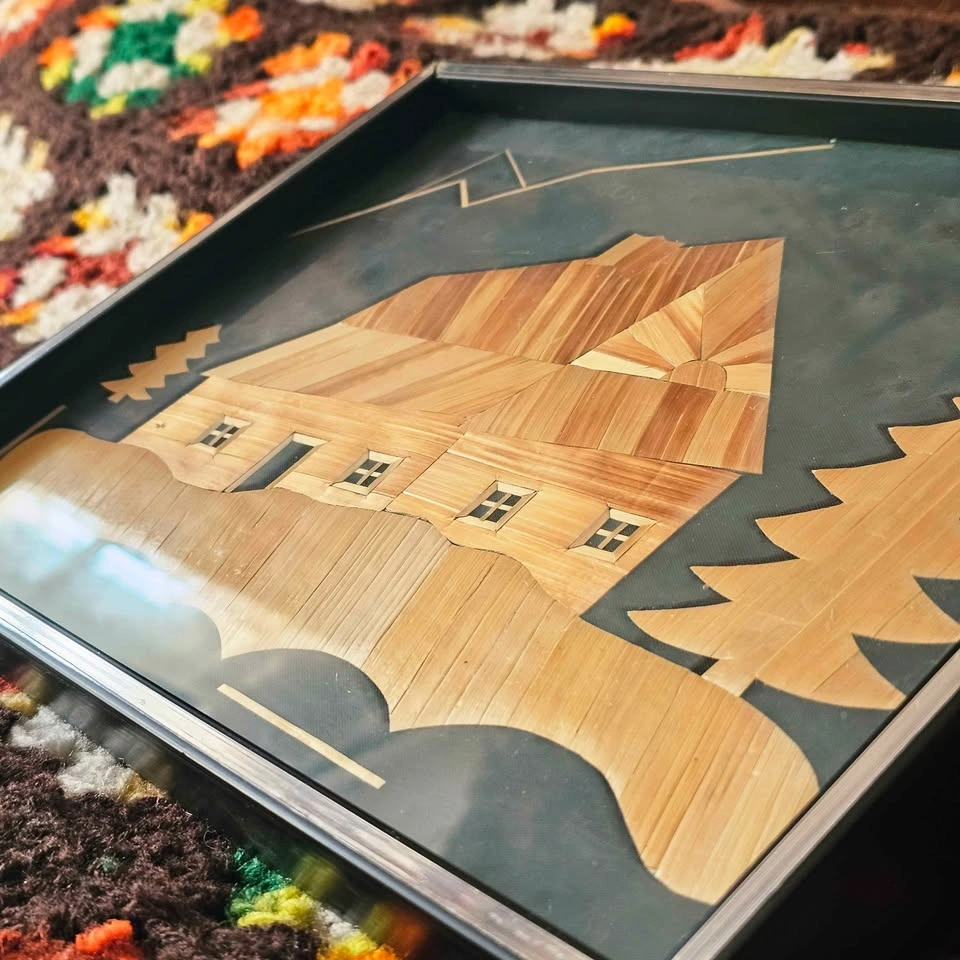 Vintage Polish Straw Wall Art Forest Cabin MCM Framed 60s 70s - photo 4