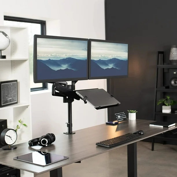 Dual Monitor and Laptop Desk Mount With Pneumatic Arm