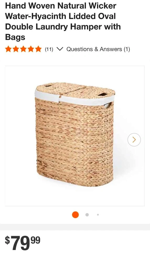 Natural Wicker Water Hyacinth Double Laundry Hamper - photo 3