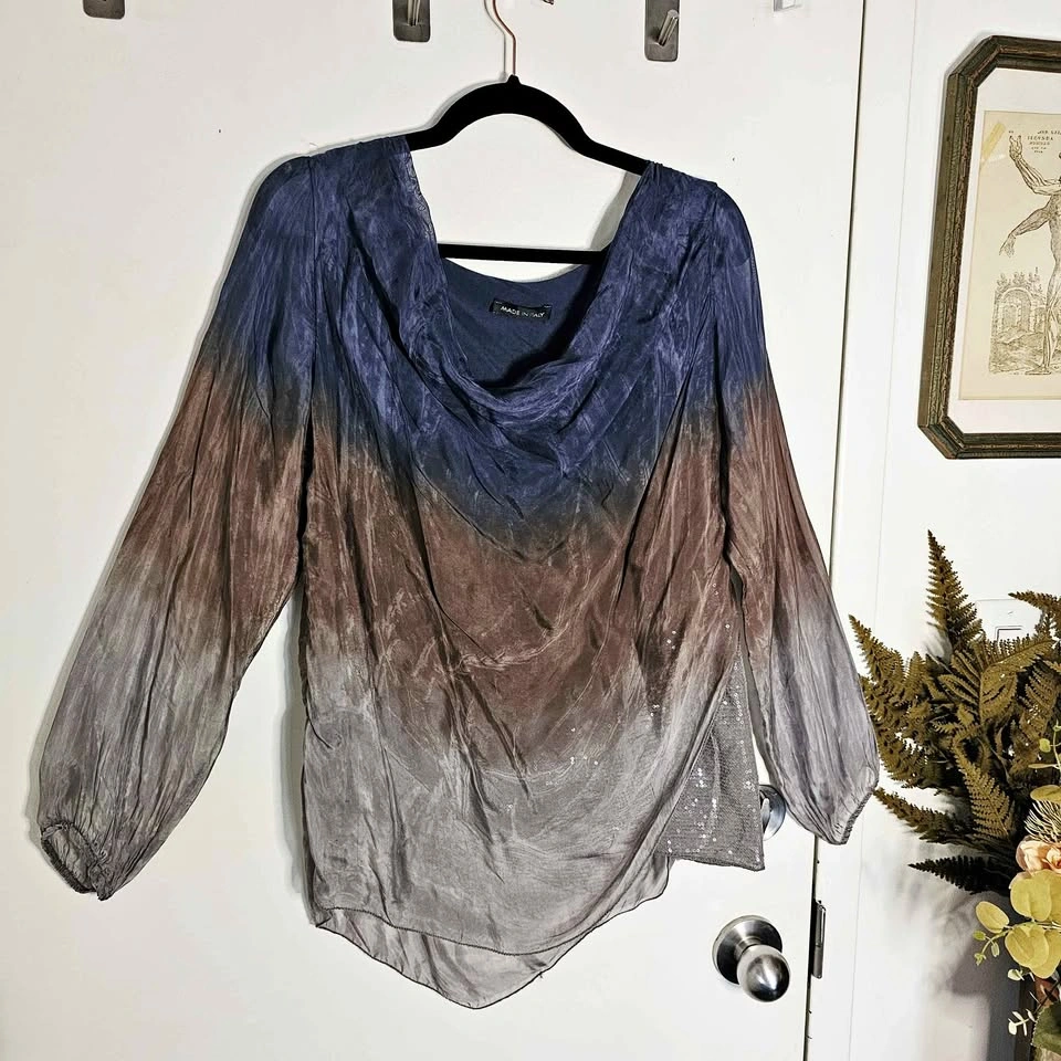 Y2K Silk Italian Ombre Tie Dye Sequin Blouse Blue Brown Grey