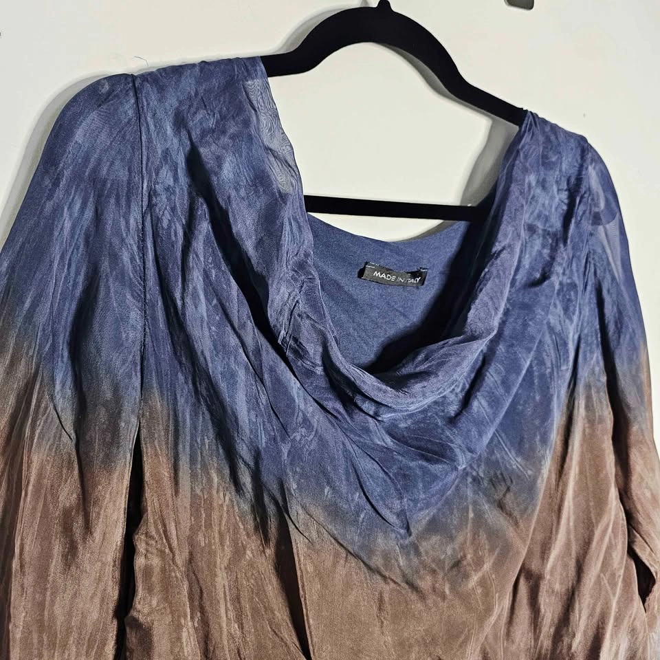 Y2K Silk Italian Ombre Tie Dye Sequin Blouse Blue Brown Grey - photo 2