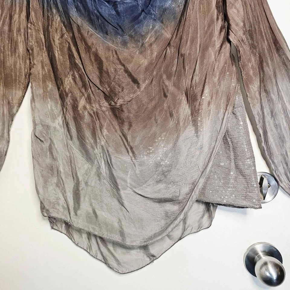 Y2K Silk Italian Ombre Tie Dye Sequin Blouse Blue Brown Grey - photo 3