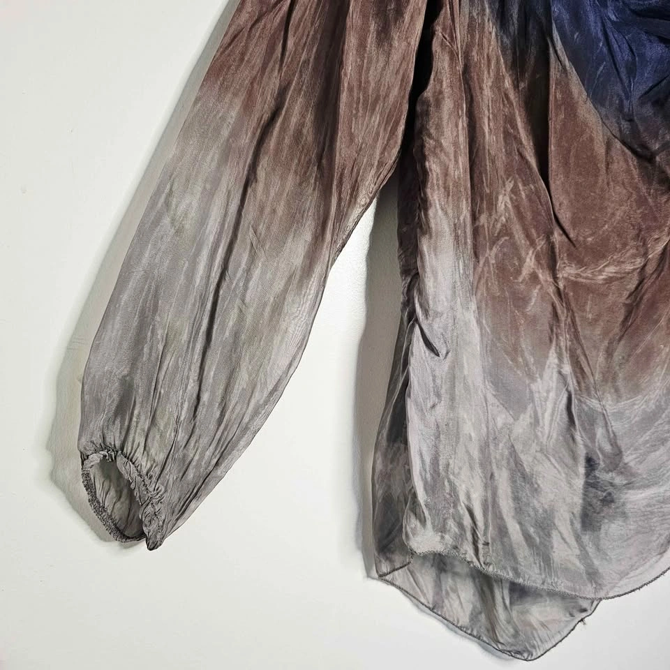 Y2K Silk Italian Ombre Tie Dye Sequin Blouse Blue Brown Grey - photo 4