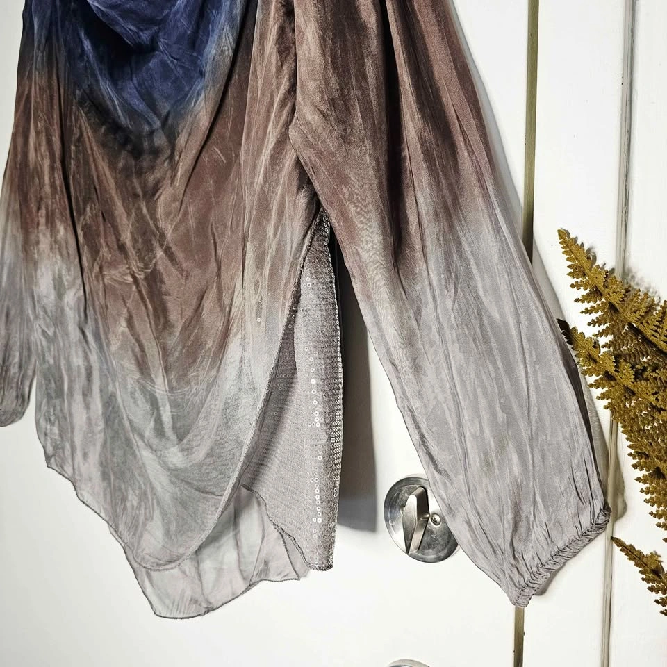 Y2K Silk Italian Ombre Tie Dye Sequin Blouse Blue Brown Grey - photo 5