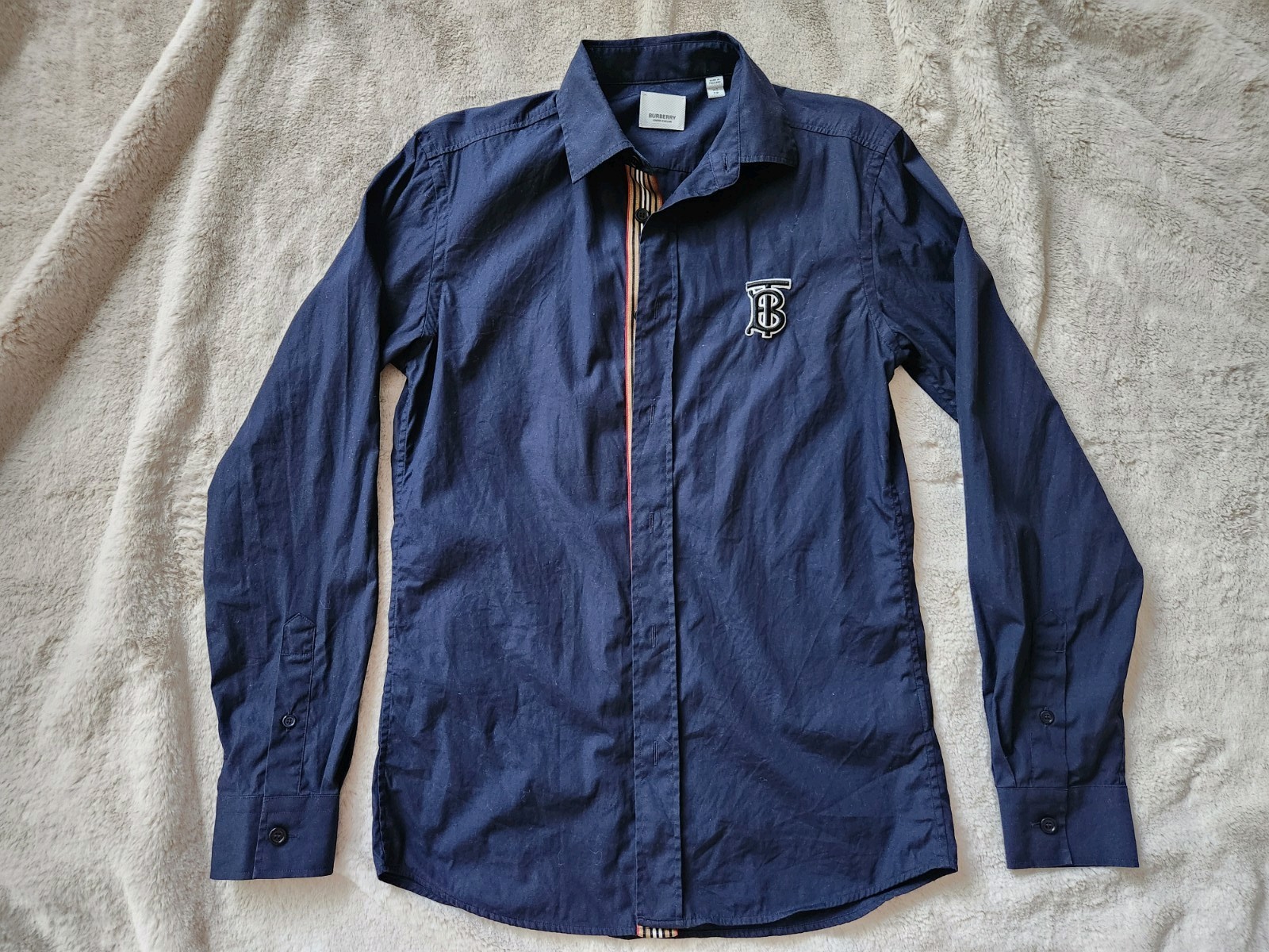 Burberry TB Monogram Button Down Long Sleeve Shirt Navy Men's XS