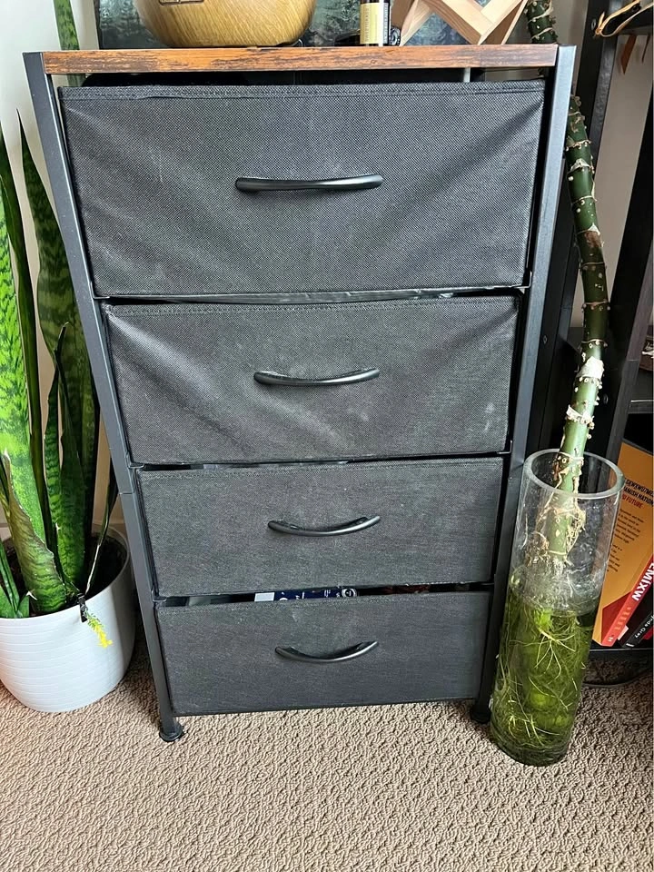 Black Fabric 4-Drawer Dresser (Curved Handles)