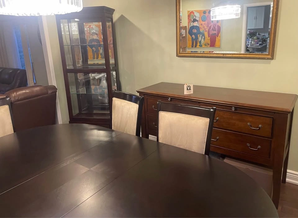 Dark Wood Veneer Extendable Oval Dining Table, 6 Chairs, Display - photo 5
