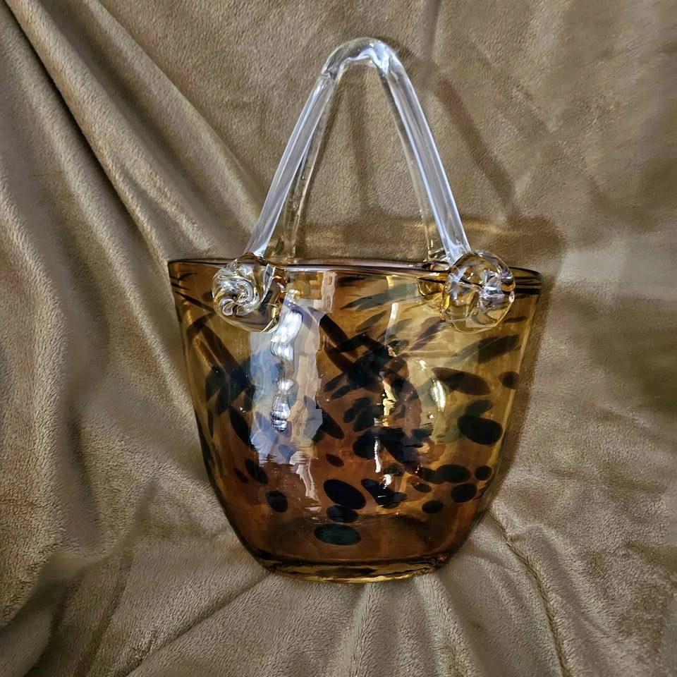 Hand Blown Art Glass Purse / Basket Vase