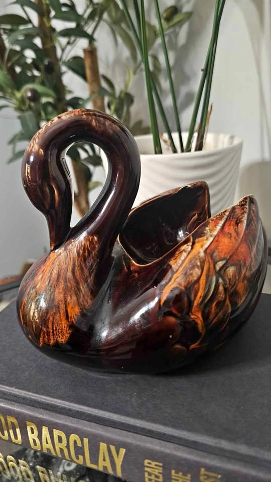Vintage Ceramic Swan Planter/Centerpiece Brown Drip Glaze